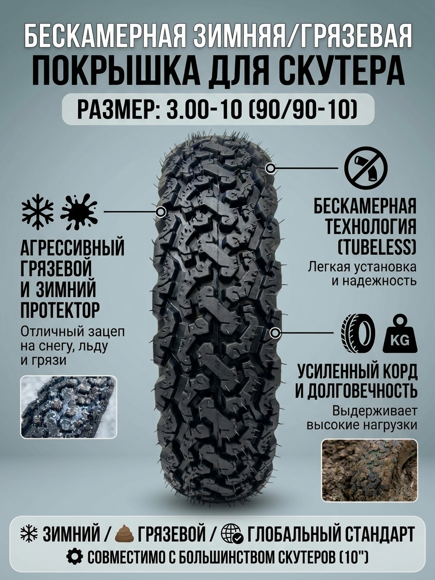 Бескамерная покрышка 3.00-10 (90/90-10) грязевая/зимняя для мото скутеров